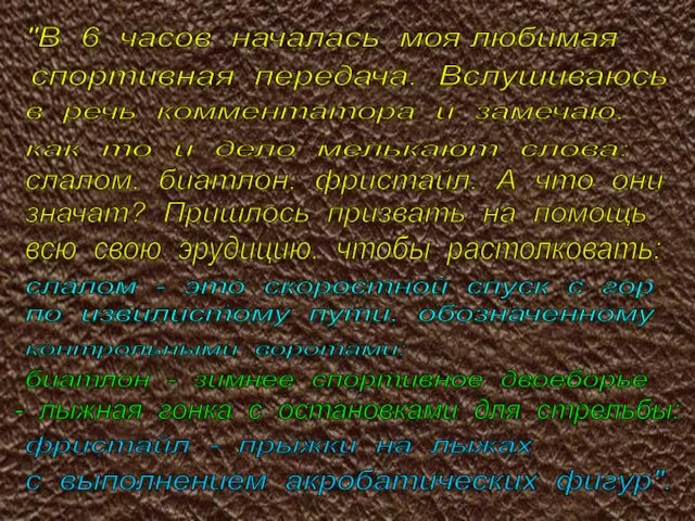 "В 6 часов началась моя любимая спортивная передача. Вслушиваюсь в речь комментатора