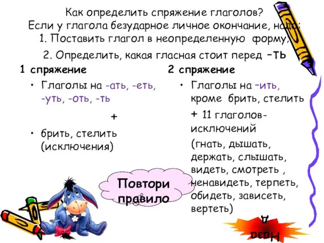 Повтори правило Назад Как определить спряжение глаголов? Если у глагола безударное личное