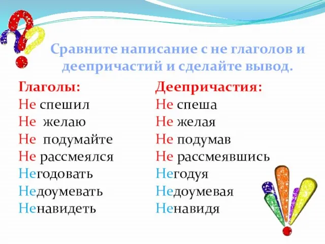 Сравните написание с не глаголов и деепричастий и сделайте вывод. Глаголы: Не