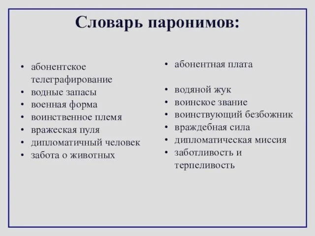 Словарь паронимов: абонентское телеграфирование водные запасы военная форма воинственное племя вражеская пуля