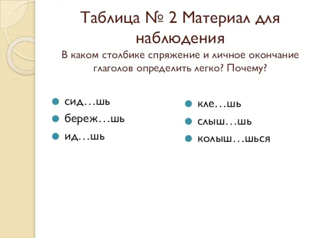 Таблица № 2 Материал для наблюдения В каком столбике спряжение и личное