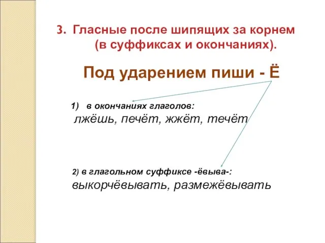 Гласные после шипящих за корнем (в суффиксах и окончаниях). Под ударением пиши