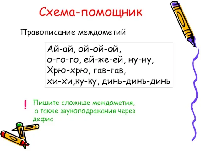 Схема-помощник Правописание междометий Ай-ай, ой-ой-ой, о-го-го, ей-же-ей, ну-ну, Хрю-хрю, гав-гав, хи-хи,ку-ку, динь-динь-динь