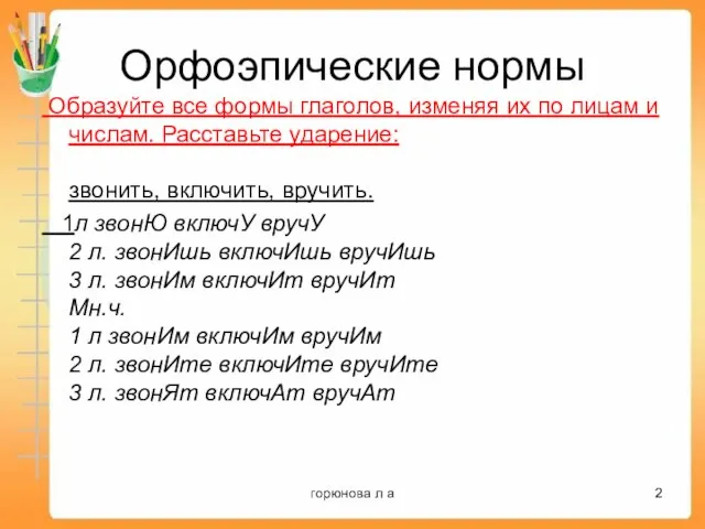 Орфоэпические нормы Образуйте все формы глаголов, изменяя их по лицам и числам.