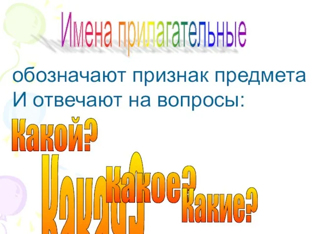 Имена прилагательные обозначают признак предмета И отвечают на вопросы: Какой? Какая? Какое? Какие?