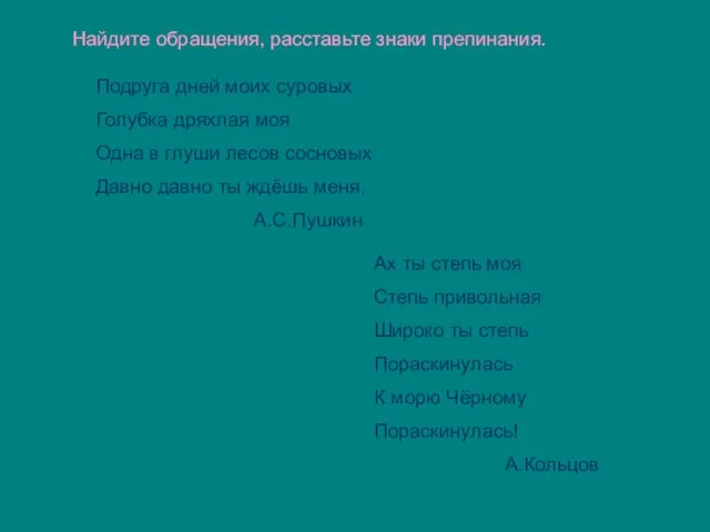 Найдите обращения, расставьте знаки препинания. Подруга дней моих суровых Голубка дряхлая моя