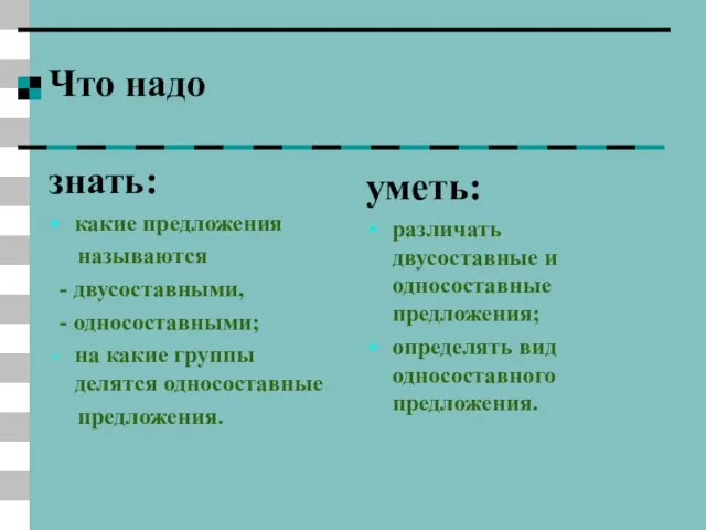 Что надо знать: какие предложения называются - двусоставными, - односоставными; на какие