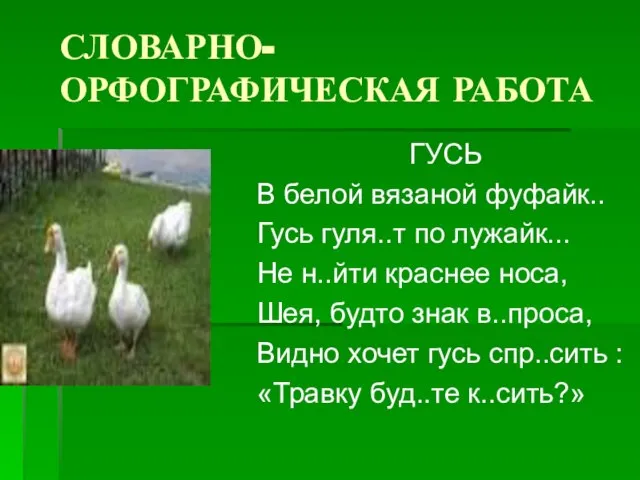 СЛОВАРНО-ОРФОГРАФИЧЕСКАЯ РАБОТА ГУСЬ В белой вязаной фуфайк.. Гусь гуля..т по лужайк... Не