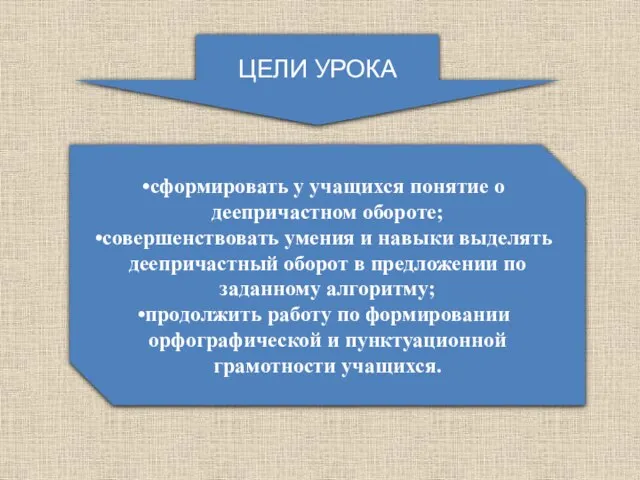 ЦЕЛИ УРОКА сформировать у учащихся понятие о деепричастном обороте; совершенствовать умения и