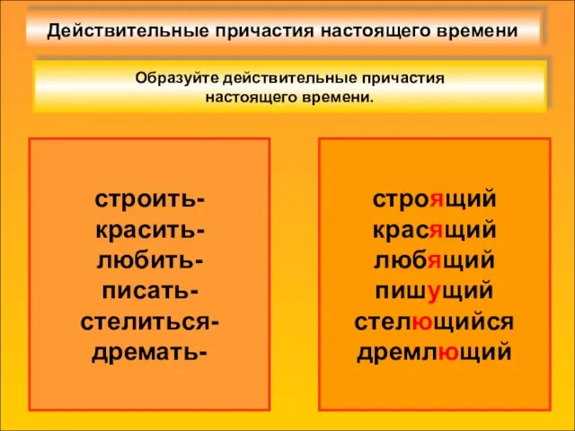 Действительные причастия настоящего времени строить- красить- любить- писать- стелиться- дремать- Образуйте действительные