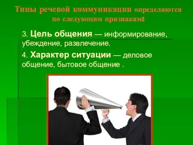 Типы речевой коммуникации определяются по следующим признакам: 3. Цель общения — информирование,