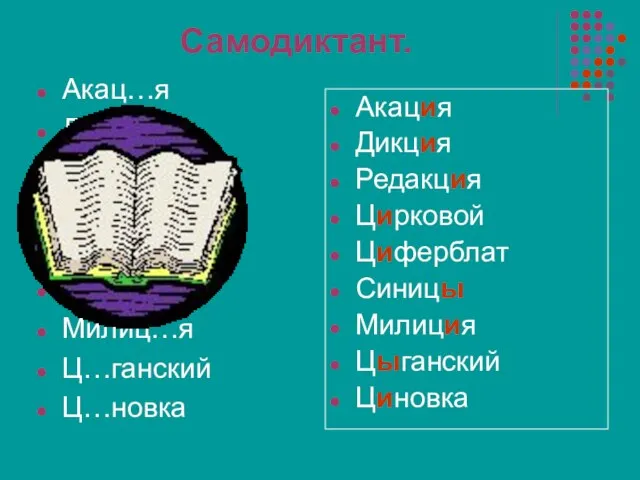 Самодиктант. Акац…я Дикц…я Редакц…я Ц…рковой Ц…ферблат Синиц… Милиц…я Ц…ганский Ц…новка Акация Дикция