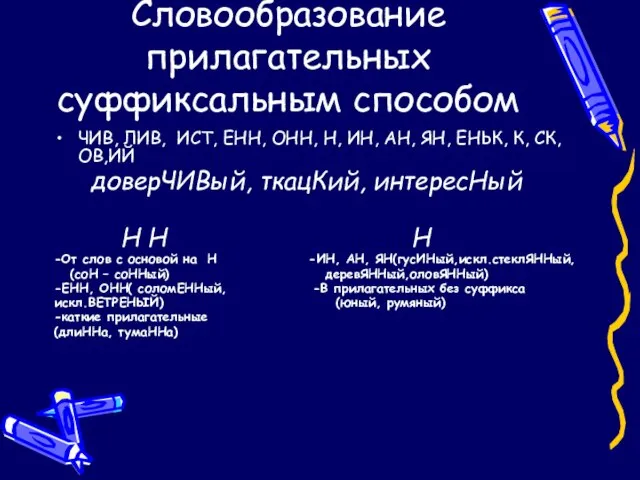 Словообразование прилагательных суффиксальным способом ЧИВ, ЛИВ, ИСТ, ЕНН, ОНН, Н, ИН, АН,