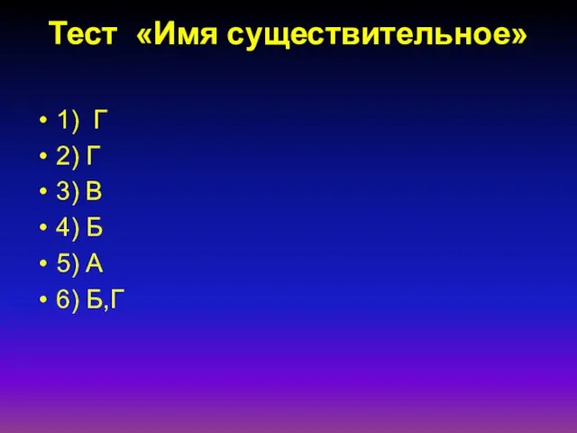 Тест «Имя существительное» 1) Г 2) Г 3) В 4) Б 5) А 6) Б,Г