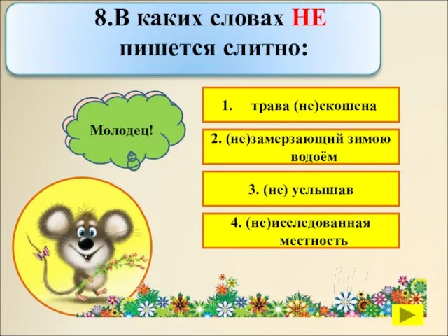 трава (не)скошена 2. (не)замерзающий зимою водоём 3. (не) услышав 4. (не)исследованная местность