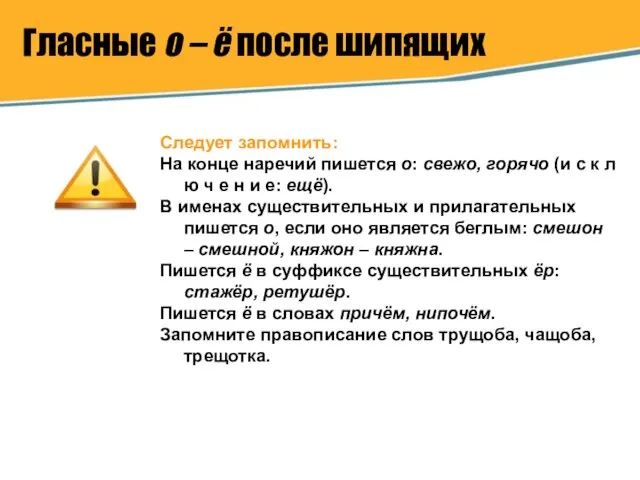 Гласные о – ё после шипящих Следует запомнить: На конце наречий пишется