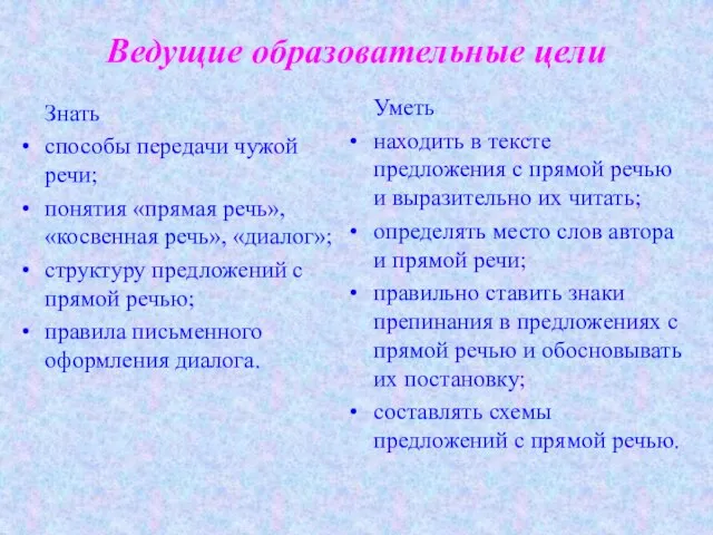 Ведущие образовательные цели Знать способы передачи чужой речи; понятия «прямая речь», «косвенная