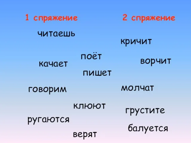 1 спряжение 2 спряжение качает пишет клюют ругаются кричит молчат читаешь ворчит