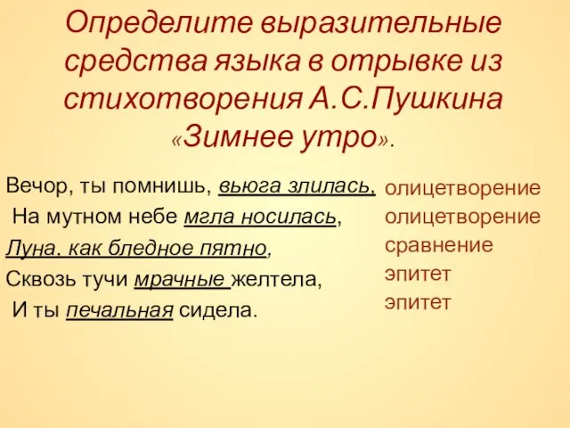 Определите выразительные средства языка в отрывке из стихотворения А.С.Пушкина «Зимнее утро». Вечор,