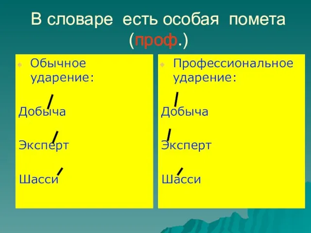 В словаре есть особая помета (проф.) Обычное ударение: Добыча Эксперт Шасси Профессиональное ударение: Добыча Эксперт Шасси