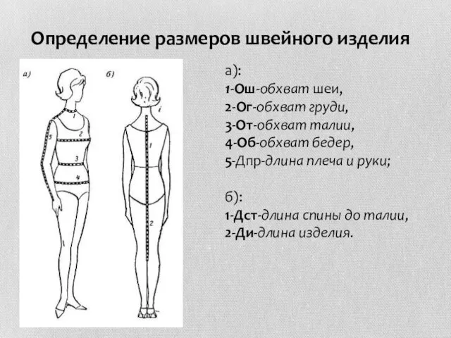 Определение размеров швейного изделия а): 1-Ош-обхват шеи, 2-Ог-обхват груди, 3-От-обхват талии, 4-Об-обхват