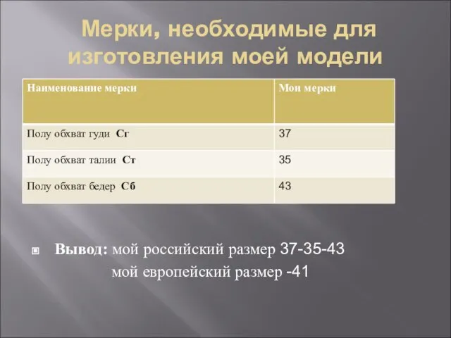 Мерки, необходимые для изготовления моей модели Вывод: мой российский размер 37-35-43 мой европейский размер -41
