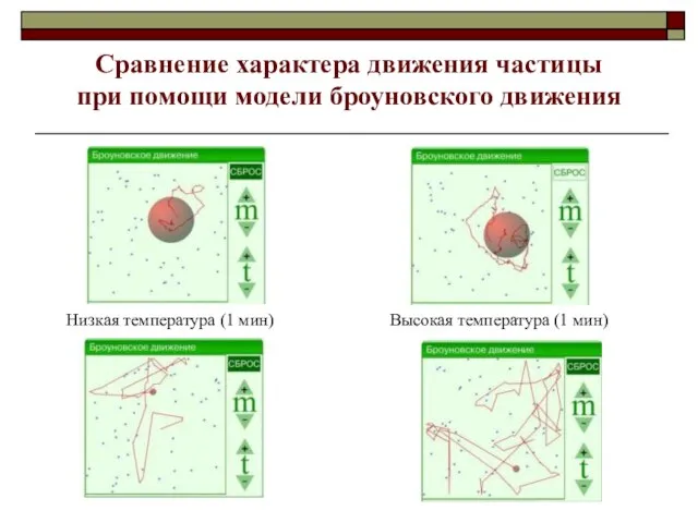 Низкая температура (1 мин) Высокая температура (1 мин) Сравнение характера движения частицы