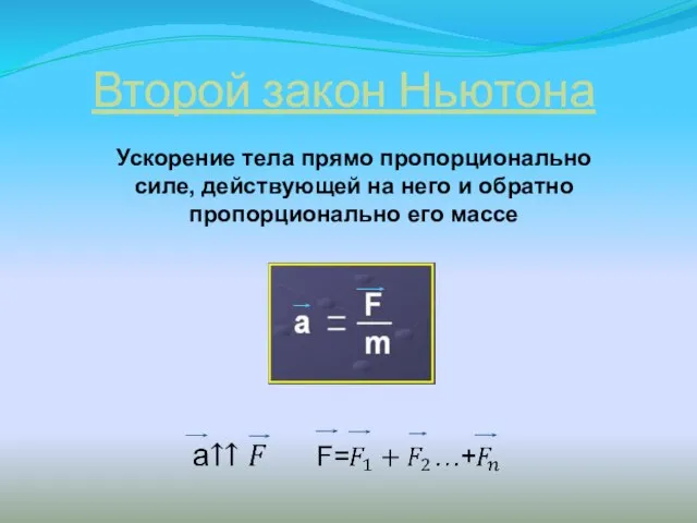 Второй закон Ньютона Ускорение тела прямо пропорционально силе, действующей на него и обратно пропорционально его массе