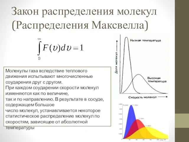 Закон распределения молекул (Распределения Максвелла) Молекулы газа вследствие теплового движения испытывают многочисленные