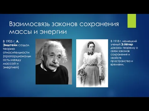 Взаимосвязь законов сохранения массы и энергии В 1905 г. А. Энштейн создал