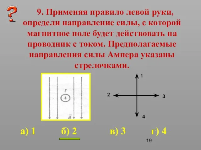 9. Применяя правило левой руки, определи направление силы, с которой магнитное поле