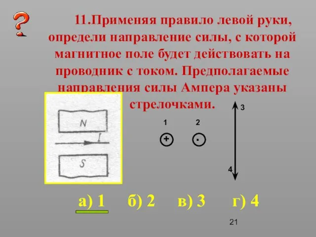 11.Применяя правило левой руки, определи направление силы, с которой магнитное поле будет