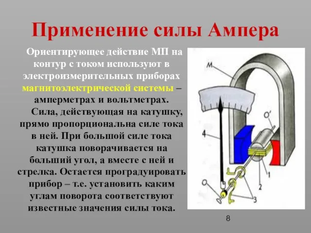 Применение силы Ампера Ориентирующее действие МП на контур с током используют в