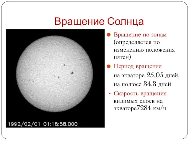 Вращение Солнца Вращение по зонам (определяется по изменению положения пятен) Период вращения