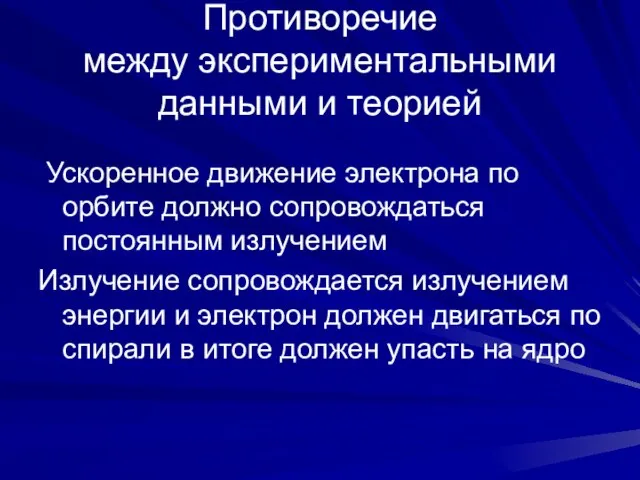 Противоречие между экспериментальными данными и теорией Ускоренное движение электрона по орбите должно