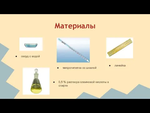 Материалы сосуд с водой микропипетка со шкалой линейка 0,5 % раствора олеиновой кислоты в спирте