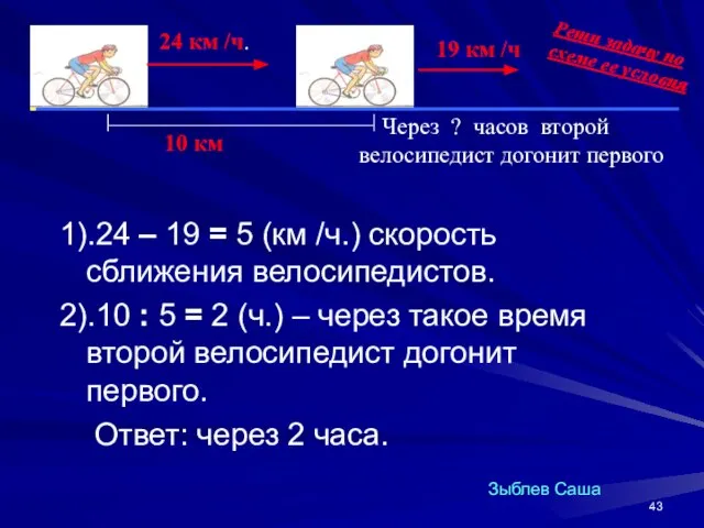 1).24 – 19 = 5 (км /ч.) скорость сближения велосипедистов. 2).10 :