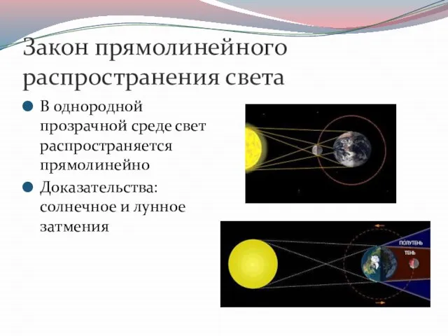 Закон прямолинейного распространения света В однородной прозрачной среде свет распространяется прямолинейно Доказательства: солнечное и лунное затмения