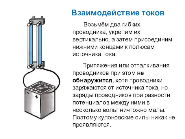 Возьмём два гибких проводника, укрепим их вертикально, а затем присоединим нижними концами