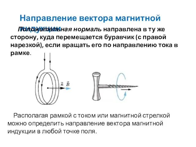 Направление вектора магнитной индукции Положительная нормаль направлена в ту же сторону, куда