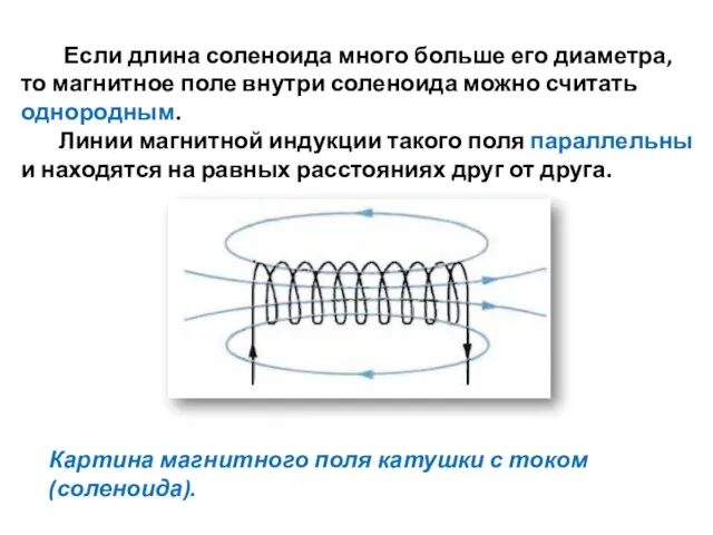 Если длина соленоида много больше его диаметра, то магнитное поле внутри соленоида