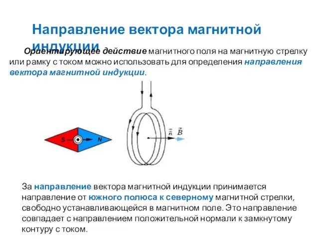 Направление вектора магнитной индукции Ориентирующее действие магнитного поля на магнитную стрелку или