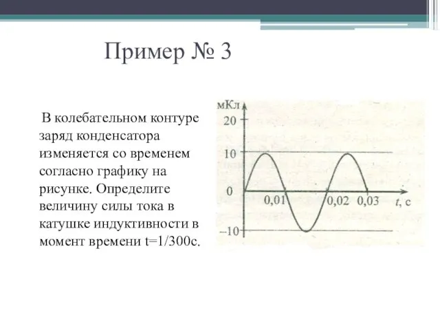 Пример № 3 В колебательном контуре заряд конденсатора изменяется со временем согласно