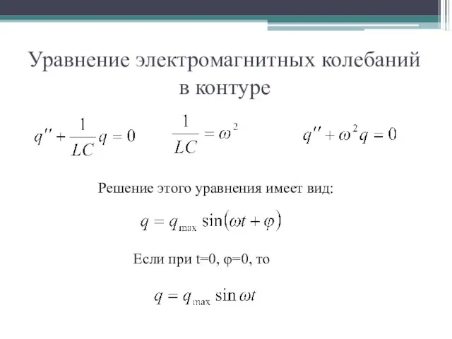 Уравнение электромагнитных колебаний в контуре Решение этого уравнения имеет вид: Если при t=0, φ=0, то