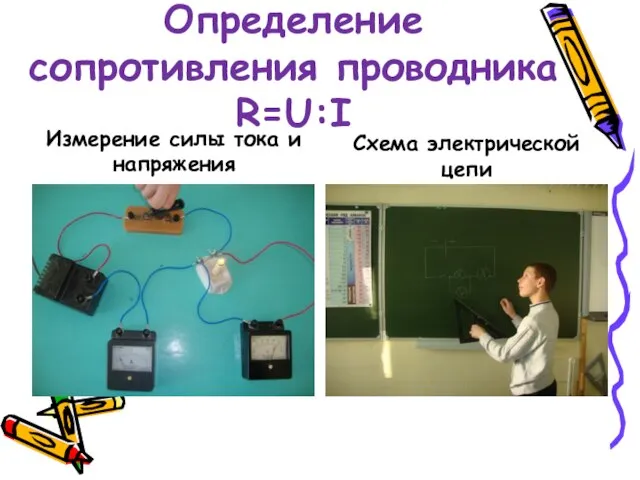 Определение сопротивления проводника R=U:I Измерение силы тока и напряжения Схема электрической цепи