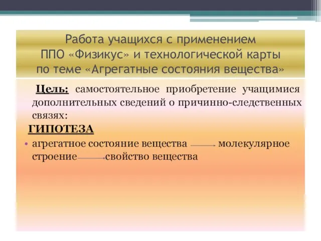 Работа учащихся с применением ППО «Физикус» и технологической карты по теме «Агрегатные