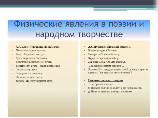 Физические явления в поэзии и народном творчестве А.А.Блок. "Ночь на Новый год"