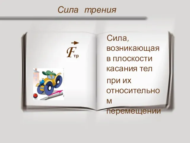 Fтр Сила, возникающая в плоскости касания тел при их относительном перемещении Сила трения