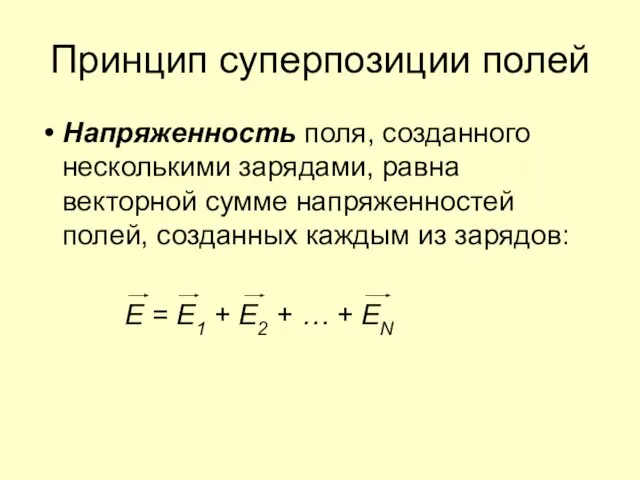 Принцип суперпозиции полей Напряженность поля, созданного несколькими зарядами, равна векторной сумме напряженностей