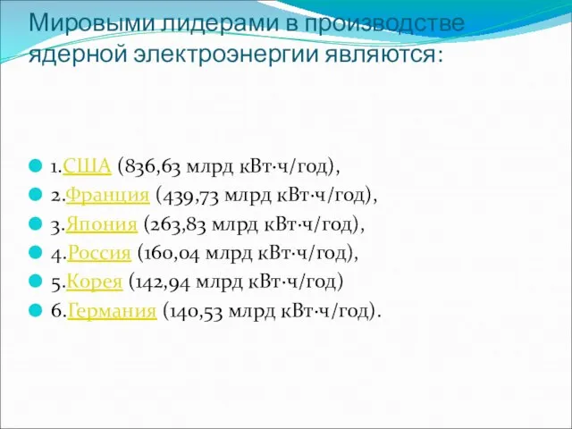 Мировыми лидерами в производстве ядерной электроэнергии являются: 1.США (836,63 млрд кВт·ч/год), 2.Франция